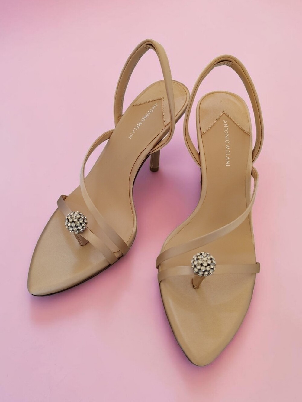ANTONIO MELANI Tan Nude Slingback Heeled Sandals with Rhinestone Button